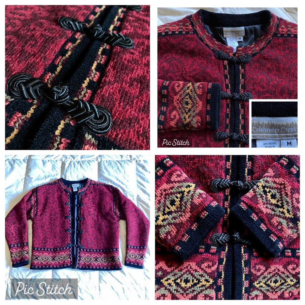 VTG Coldwater Creek Icelandic Design Wool Blend Cardigan Wmns M Lined Red Black